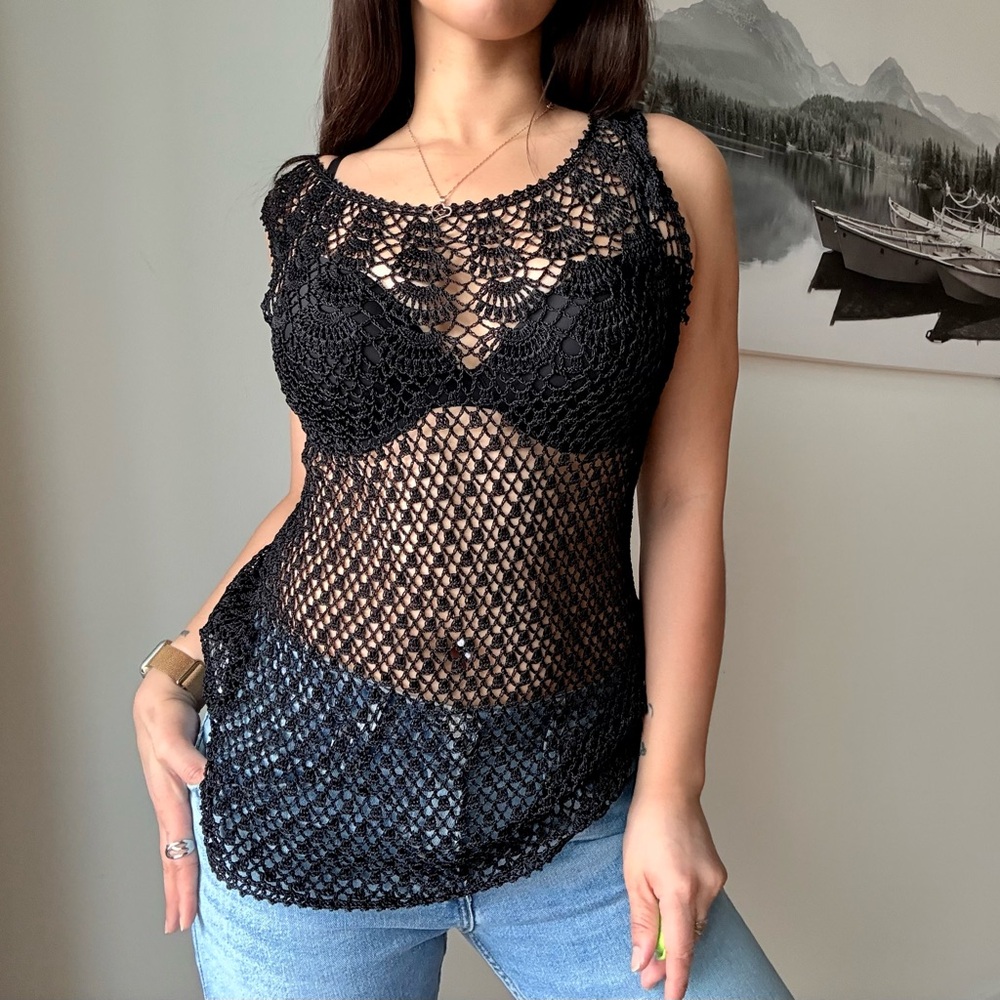 90s NWT Black Fishnet Knit Top – Sexy Goth Glam Y2K